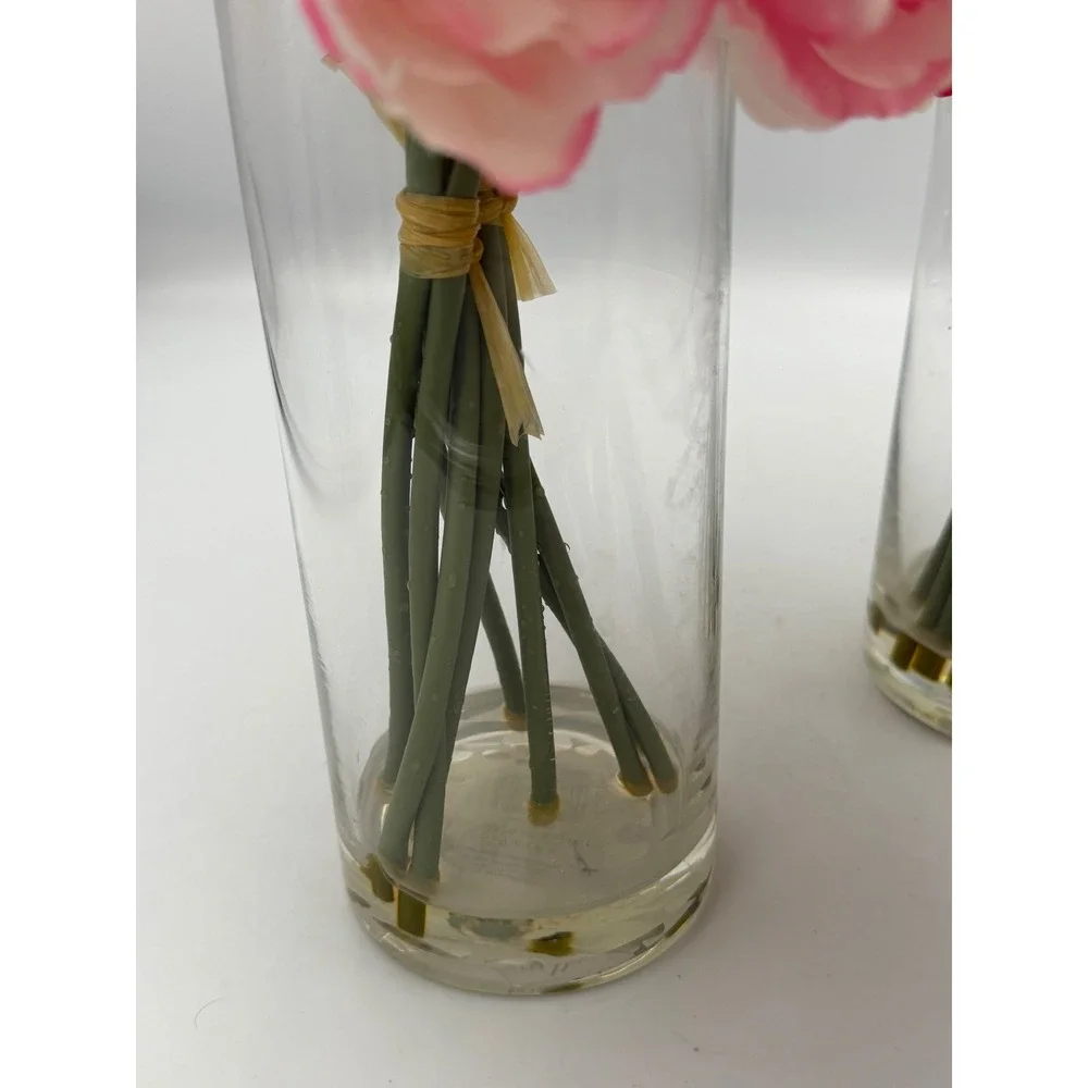 Set of 2 Faux Pink Peony Silk Flower Arrangements in Glass Vases with Faux Water
